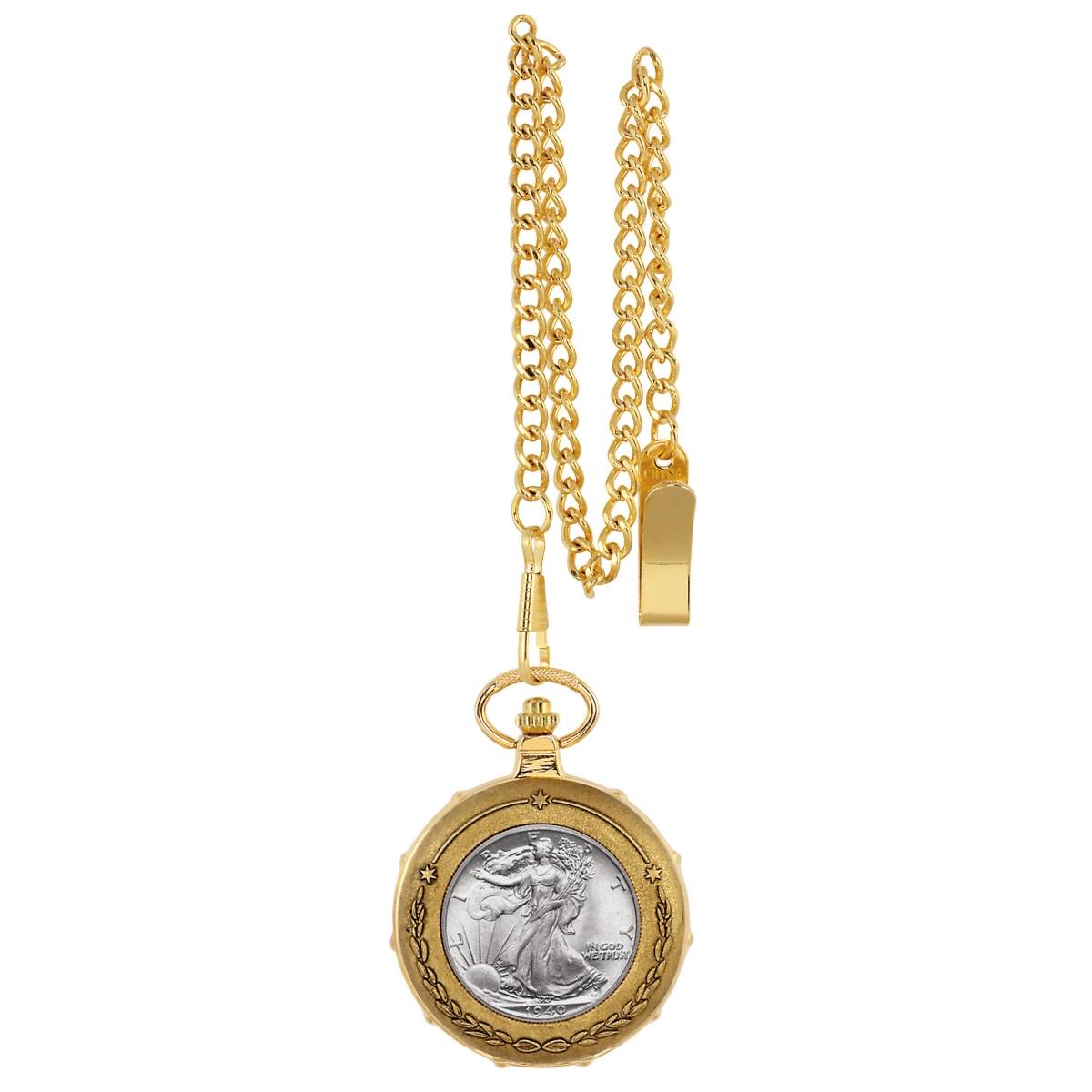Picture of UPM Global 13139 Silver Walking Liberty Half Dollar Goldtone Train Coin Pocket Watch with Skeleton Movement