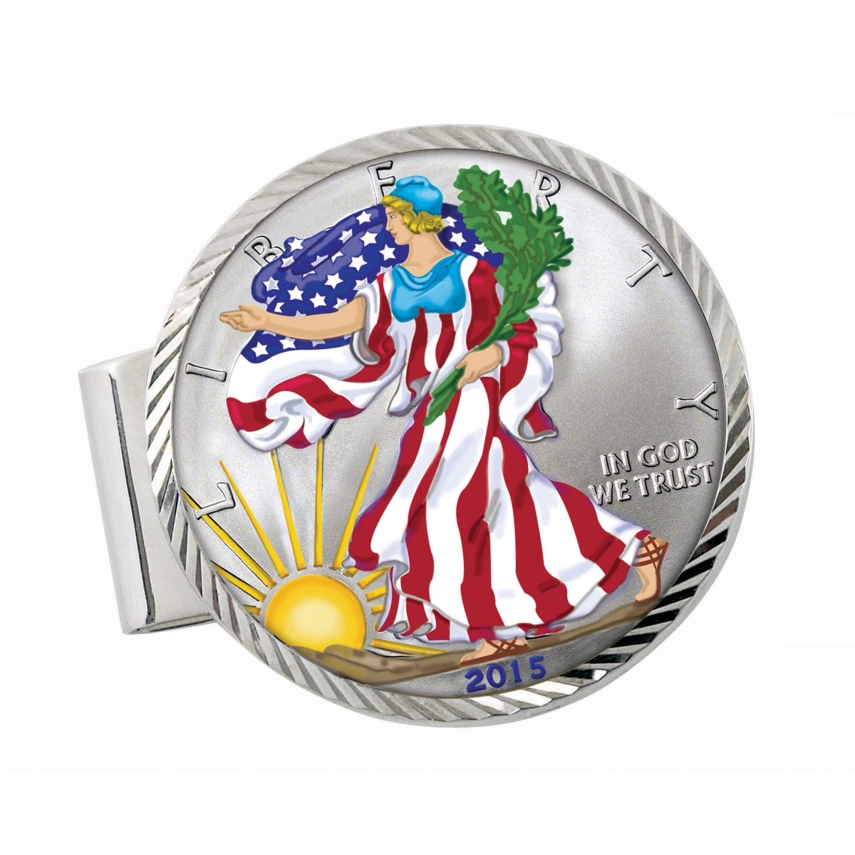 13508 Sterling Silver Diamond Cut Coin Money Clip with Colorized American Silver Eagle Dollar -  UPM Global