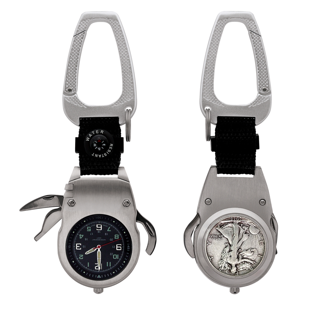 Picture of UPM Global 14821 Silver Walking Liberty Half Dollar Coin Multi-Tool Pocket Watch Compass