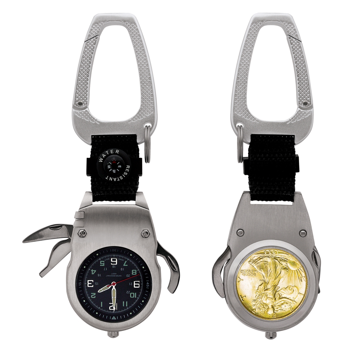 Picture of UPM Global 14824 Gold Layered Silver Walking Liberty Half Dollar Coin Multi-Tool Pocket Watch Compass