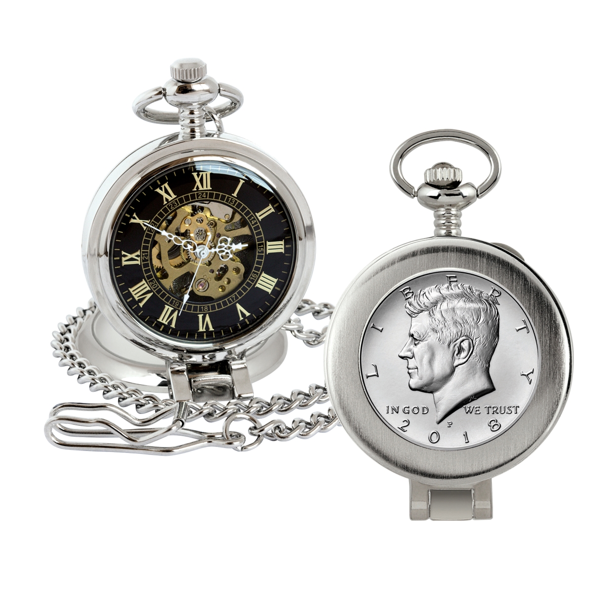 Picture of American Coin Treasures 16265 JFK Half Dollar Coin Pocket Watch with Skeleton Movement&#44; Black Dial with Gold Roman Numerals - Magnifying Glass