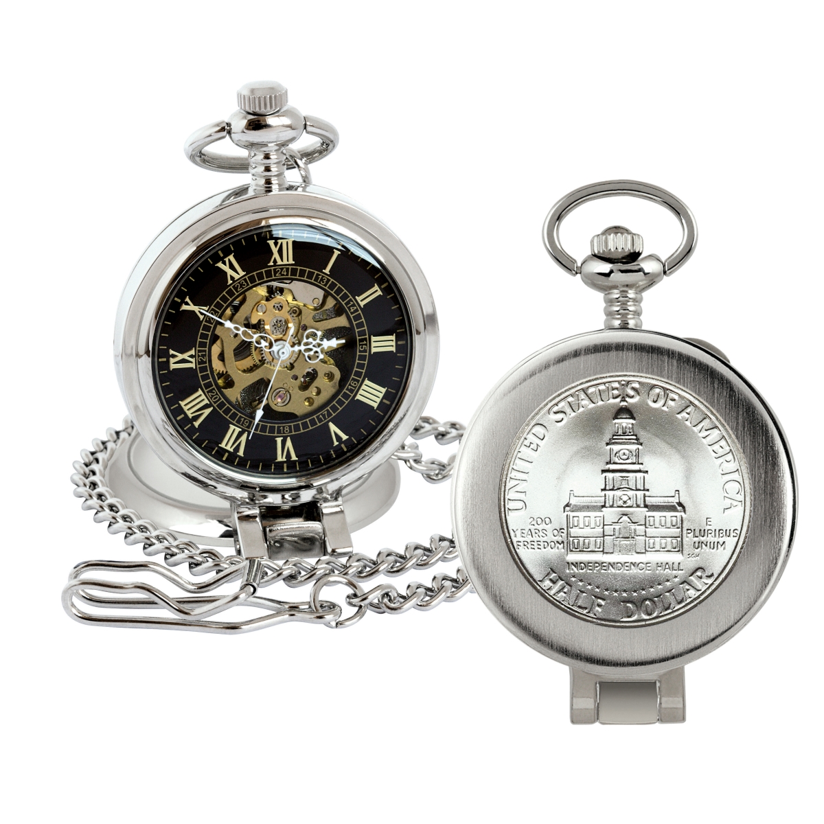 Picture of American Coin Treasures 16266 JFK Bicentennial Half Dollar Coin Pocket Watch with Skeleton Movement, Black Dial with Gold Roman Numerals - Magnifying Glass