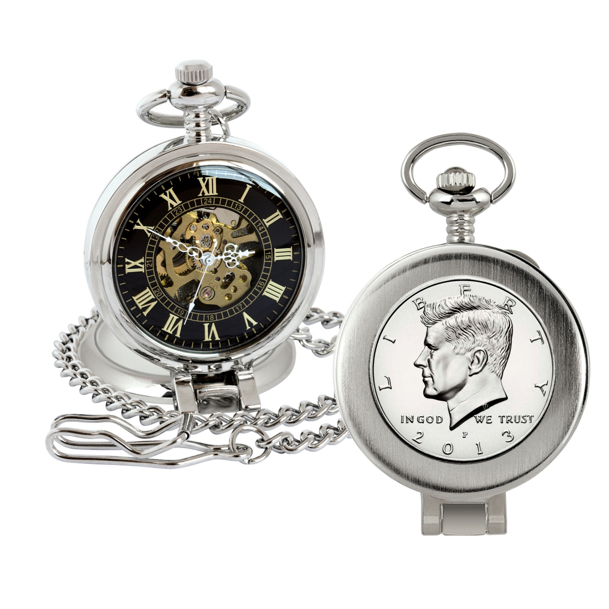 Picture of American Coin Treasures 16268 Proof JFK Half Dollar Coin Pocket Watch with Skeleton Movement, Black Dial with Gold Roman Numerals - Magnifying Glass