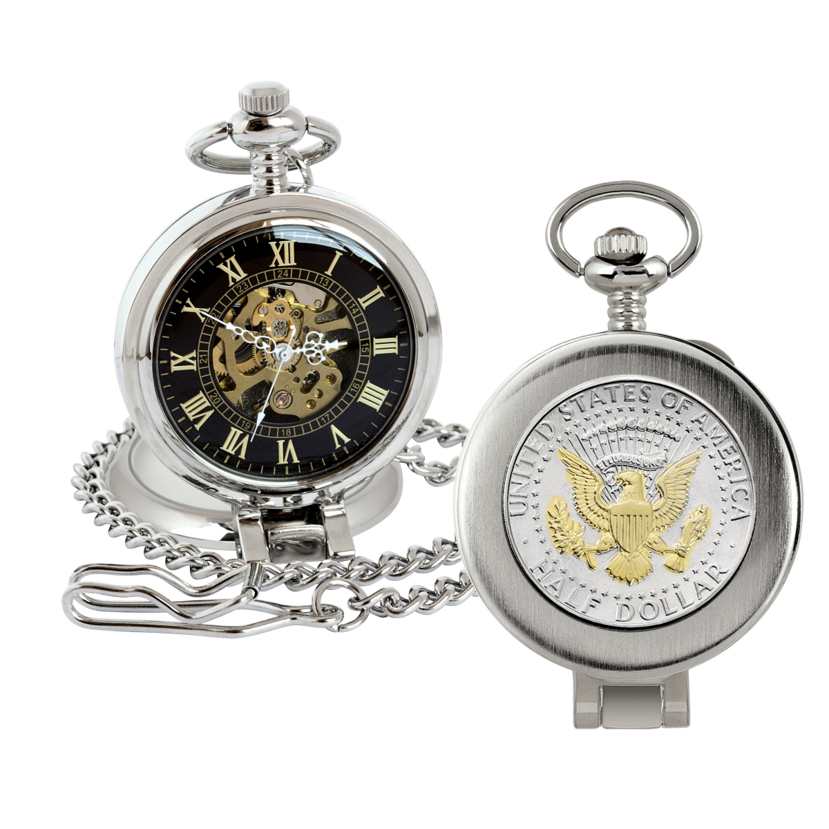 Picture of American Coin Treasures 16269 Selectively Gold-Layered Presidential Seal JFK Half Dollar Coin Pocket Watch with Skeleton Movement&#44; Black Dial with Gold Roman Numerals - Magnifying Glass