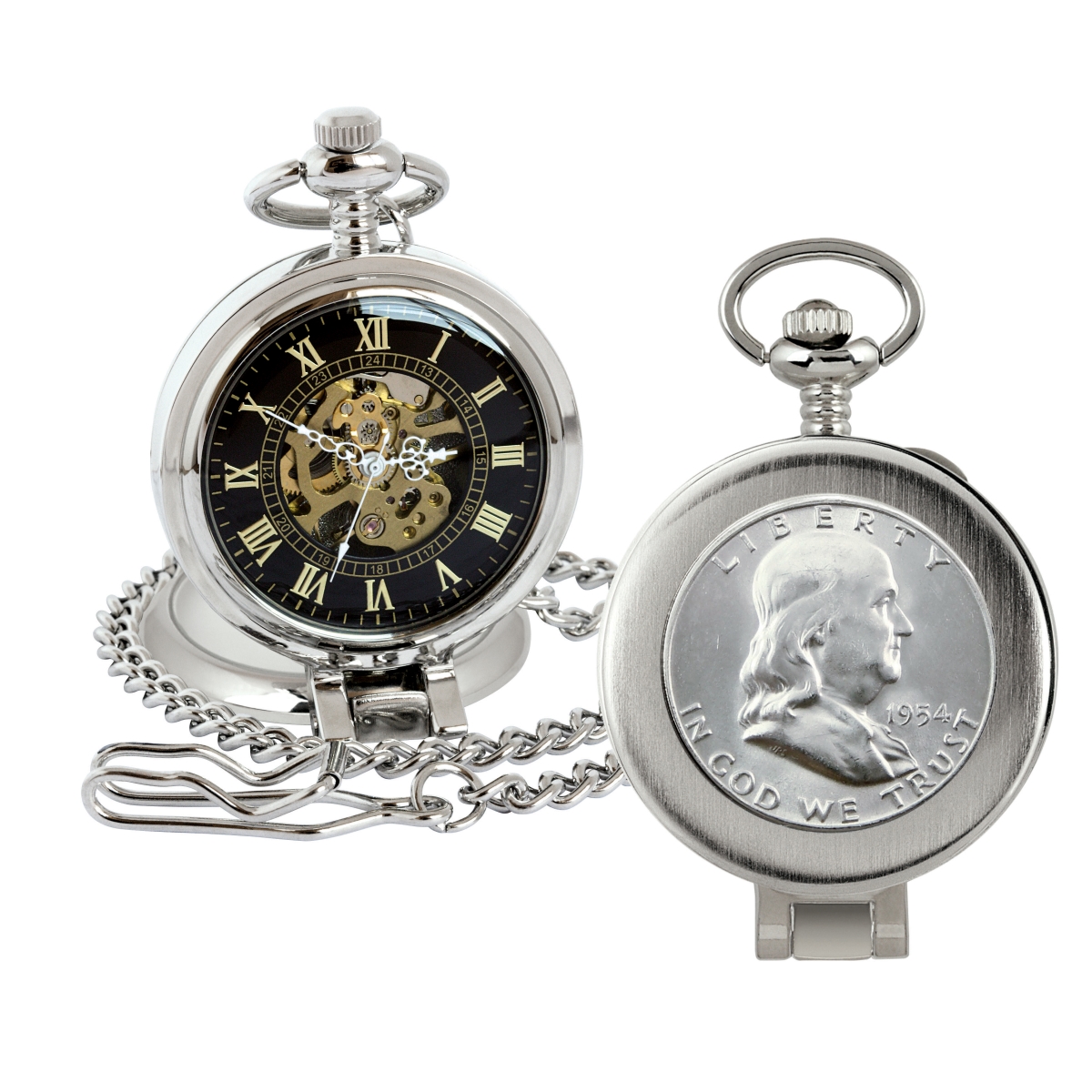 Picture of American Coin Treasures 16270 Silver Franklin Half Dollar Coin Pocket Watch with Skeleton Movement, Black Dial with Gold Roman Numerals - Magnifying Glass