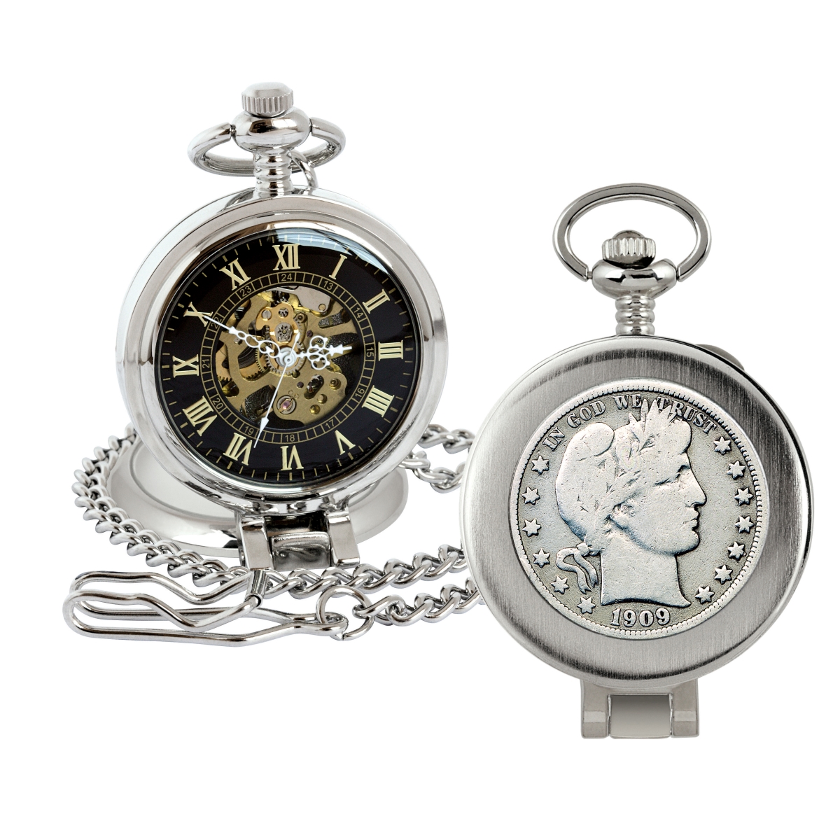 Picture of American Coin Treasures 16272 Silver Barber Half Dollar Coin Pocket Watch with Skeleton Movement&#44; Black Dial with Gold Roman Numerals - Magnifying Glass