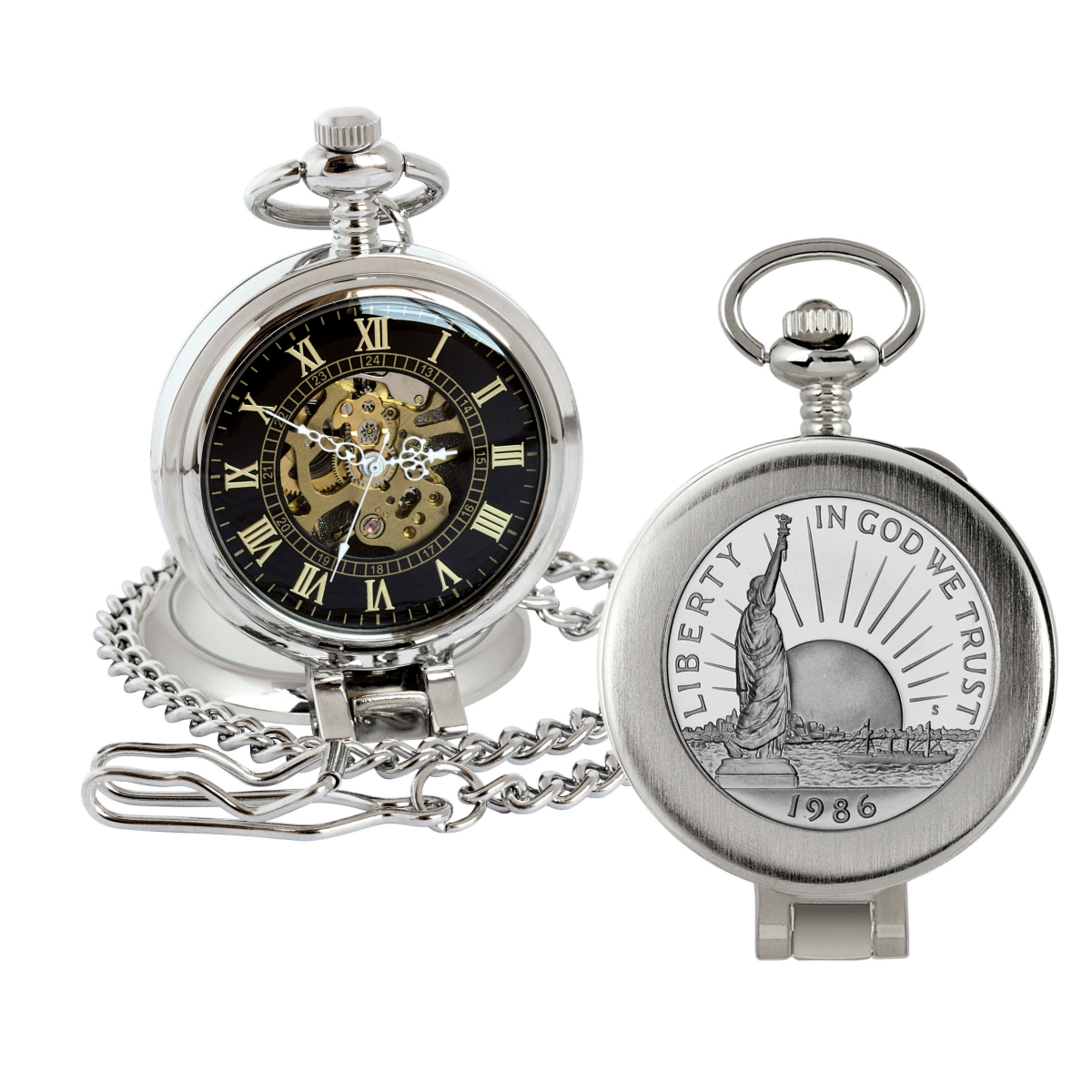 Picture of American Coin Treasures 16273 Statue of Liberty Commemorative Half Dollar Coin Pocket Watch with Skeleton Movement, Black Dial with Gold Roman Numerals - Magnifying Glass