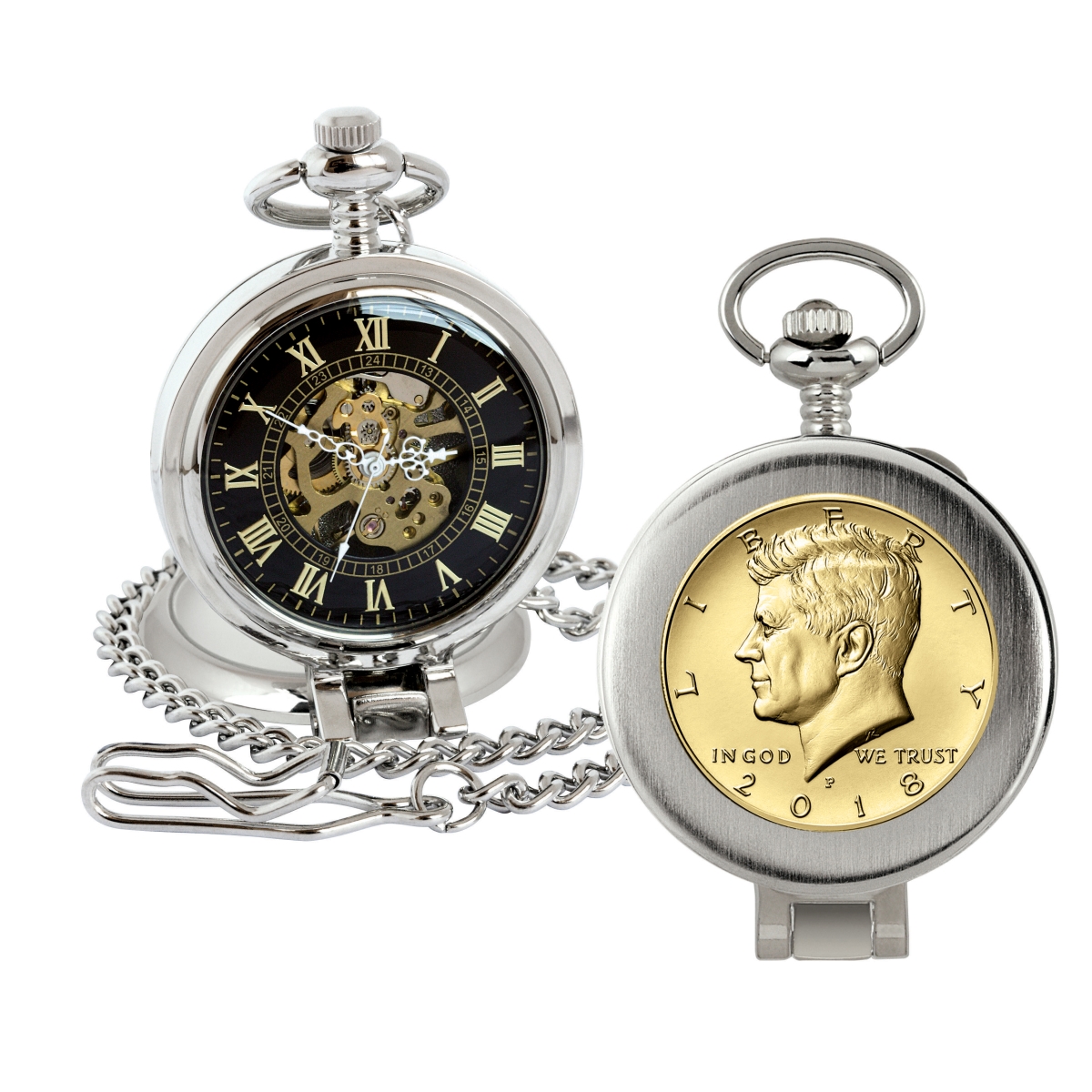Picture of American Coin Treasures 16274 Gold-Layered JFK Half Dollar Coin Pocket Watch with Skeleton Movement, Black Dial with Gold Roman Numerals - Magnifying Glass