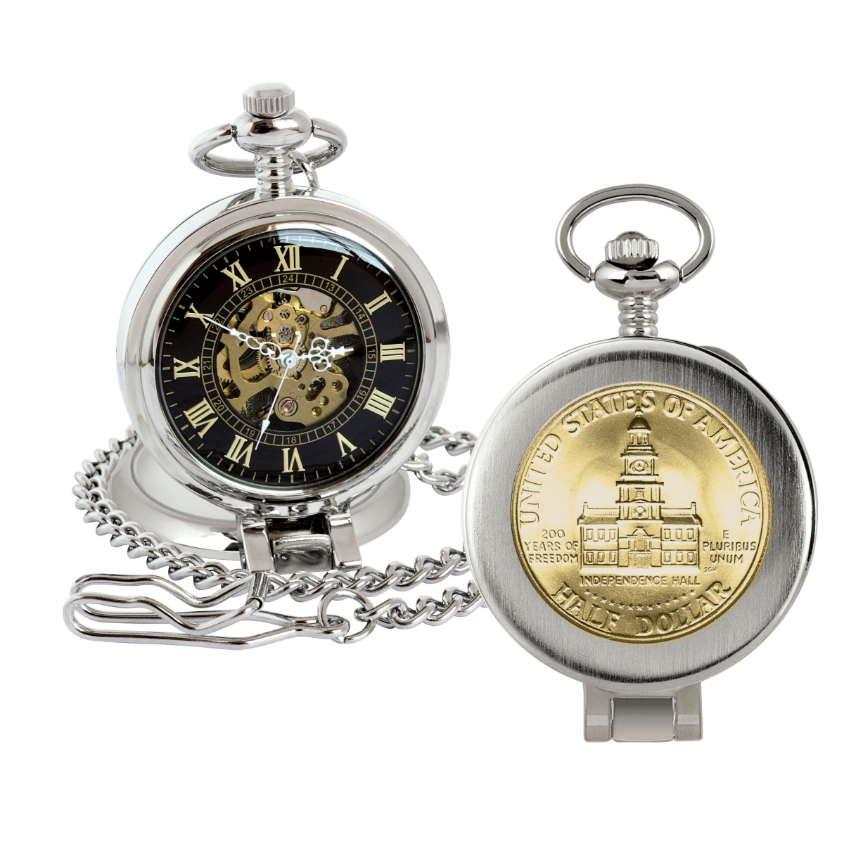 Picture of American Coin Treasures 16275 Gold-Layered JFK Bicentennial Half Dollar Coin Pocket Watch with Skeleton Movement, Black Dial with Gold Roman Numerals - Magnifying Glass