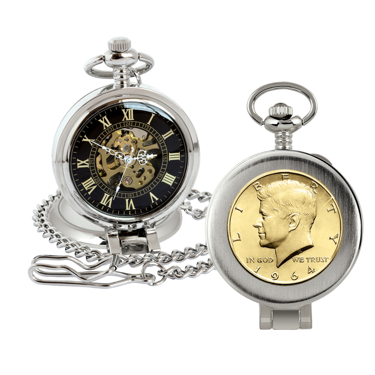 Picture of American Coin Treasures 16276 Gold-Layered JFK 1964 First Year of Issue Half Dollar Coin Pocket Watch with Skeleton Movement, Black Dial with Gold Roman Numerals - Magnifying Glass