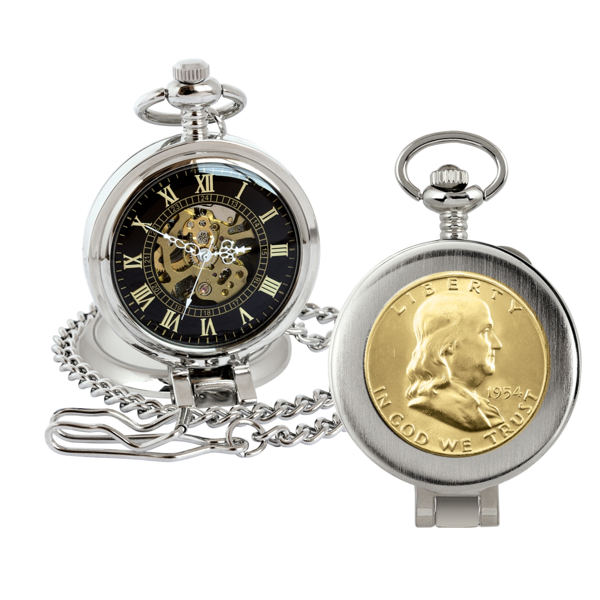 Picture of American Coin Treasures 16277 Gold-Layered Silver Franklin Half Dollar Coin Pocket Watch with Skeleton Movement, Black Dial with Gold Roman Numerals - Magnifying Glass