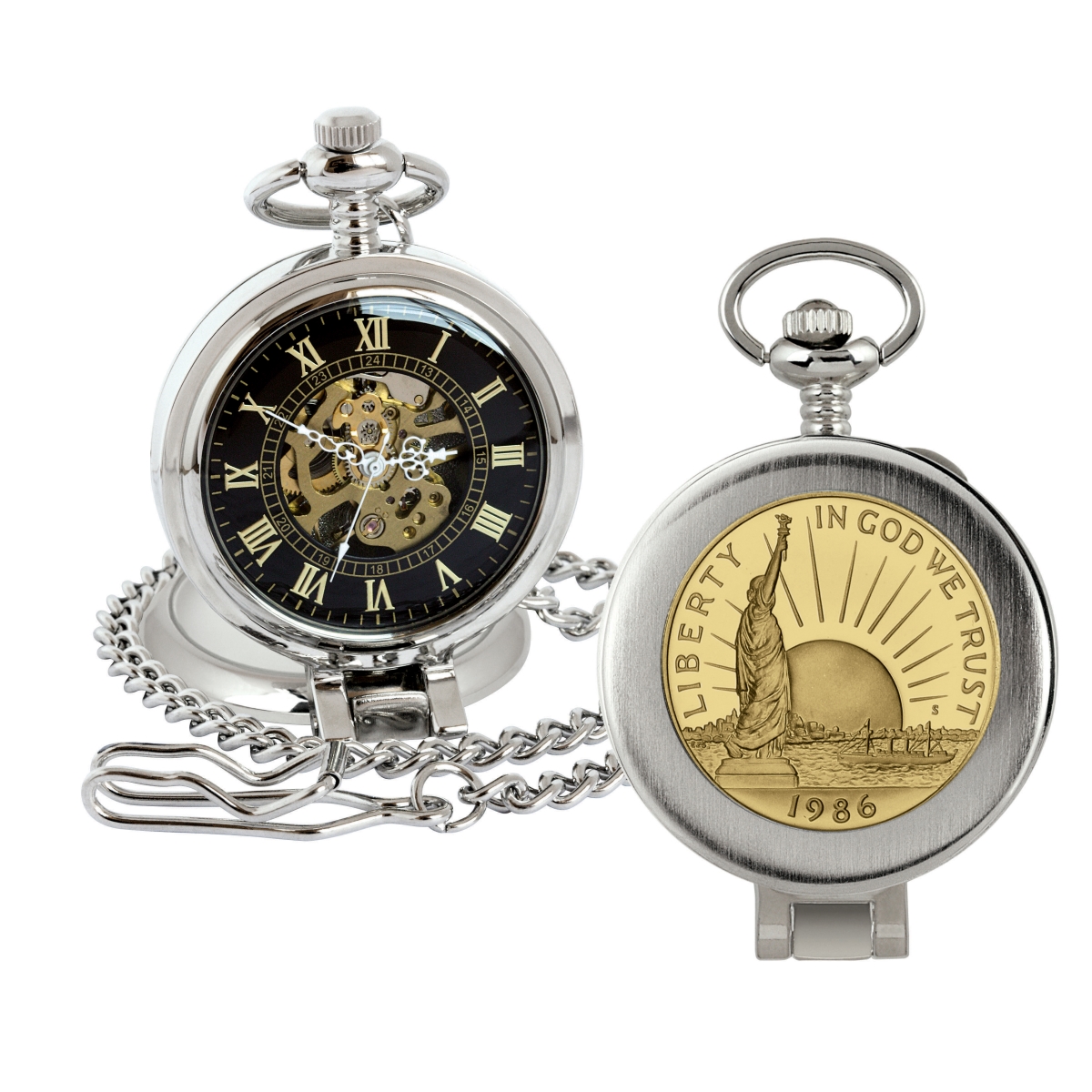 Picture of American Coin Treasures 16280 Gold-Layered Statue of Liberty Commemorative Half Dollar Coin Pocket Watch with Skeleton Movement, Black Dial with Gold Roman Numerals - Magnifying Glass