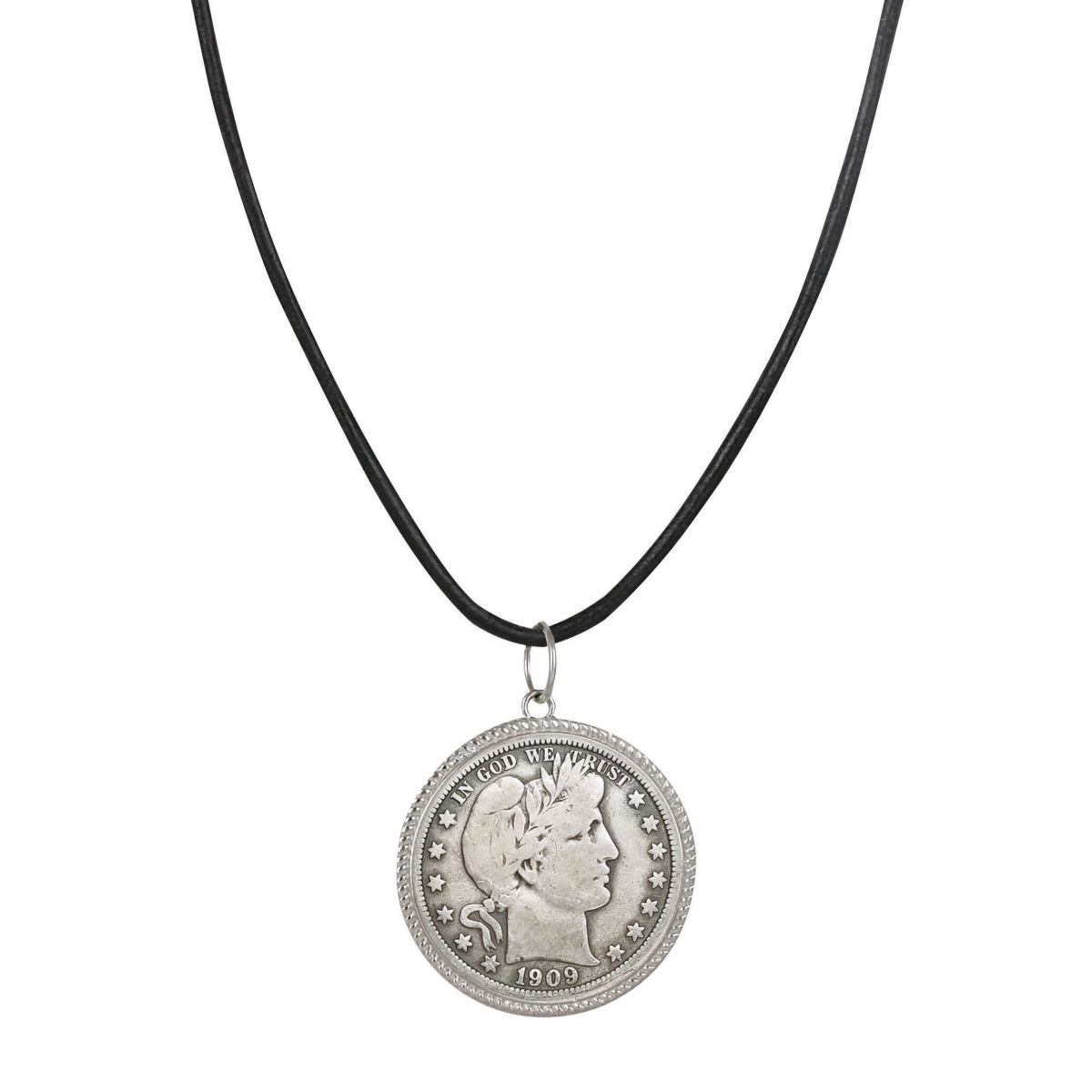 Picture of American Coin Treasures 16359 Barber Silver Half Dollar Coin Pendant with Leather Cord for Men