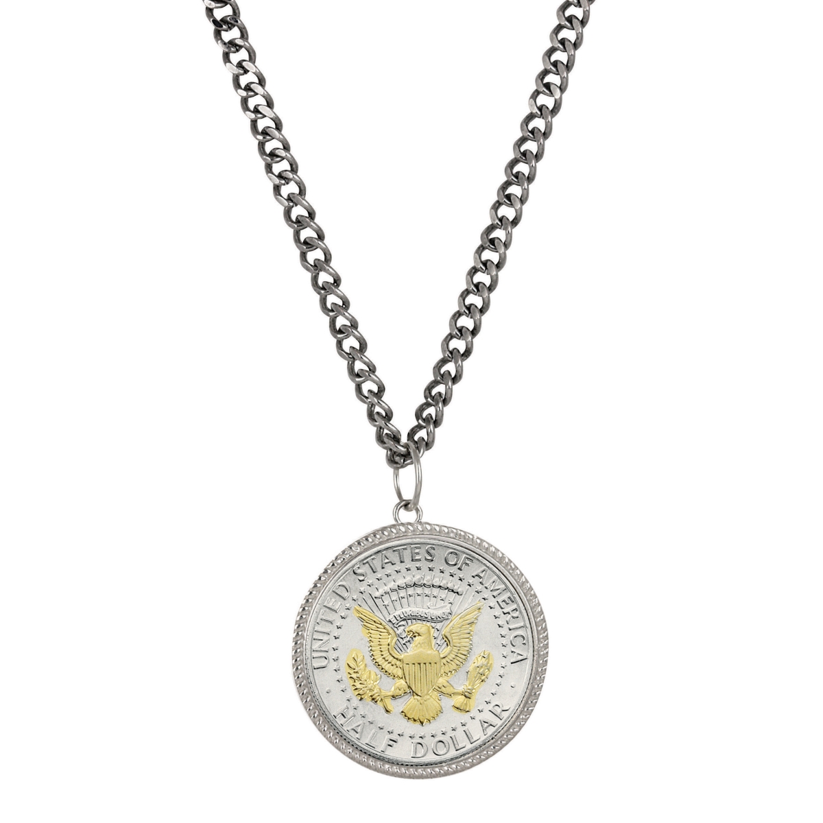 Picture of American Coin Treasures 16362 Presidential Seal 2 Tone JFK Half Dollar Pendant with Curb Chain for Men