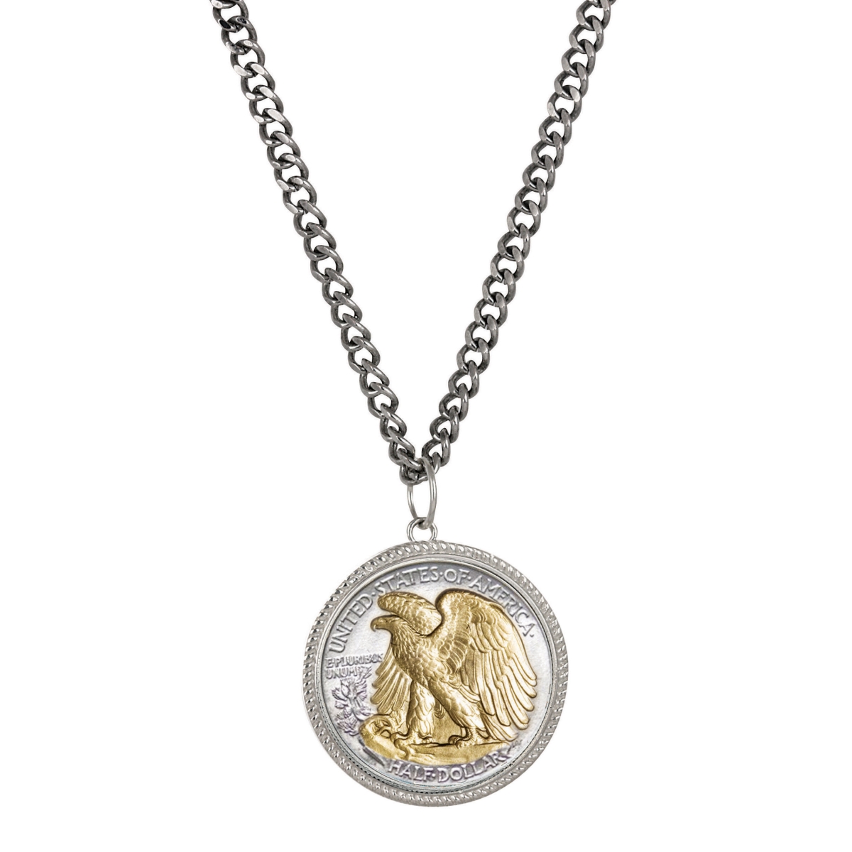 Picture of American Coin Treasures 16364 Walking Liberty Silver Half Dollar Pendant with Curb Chain for Men - Reverse 2 Tone Plating