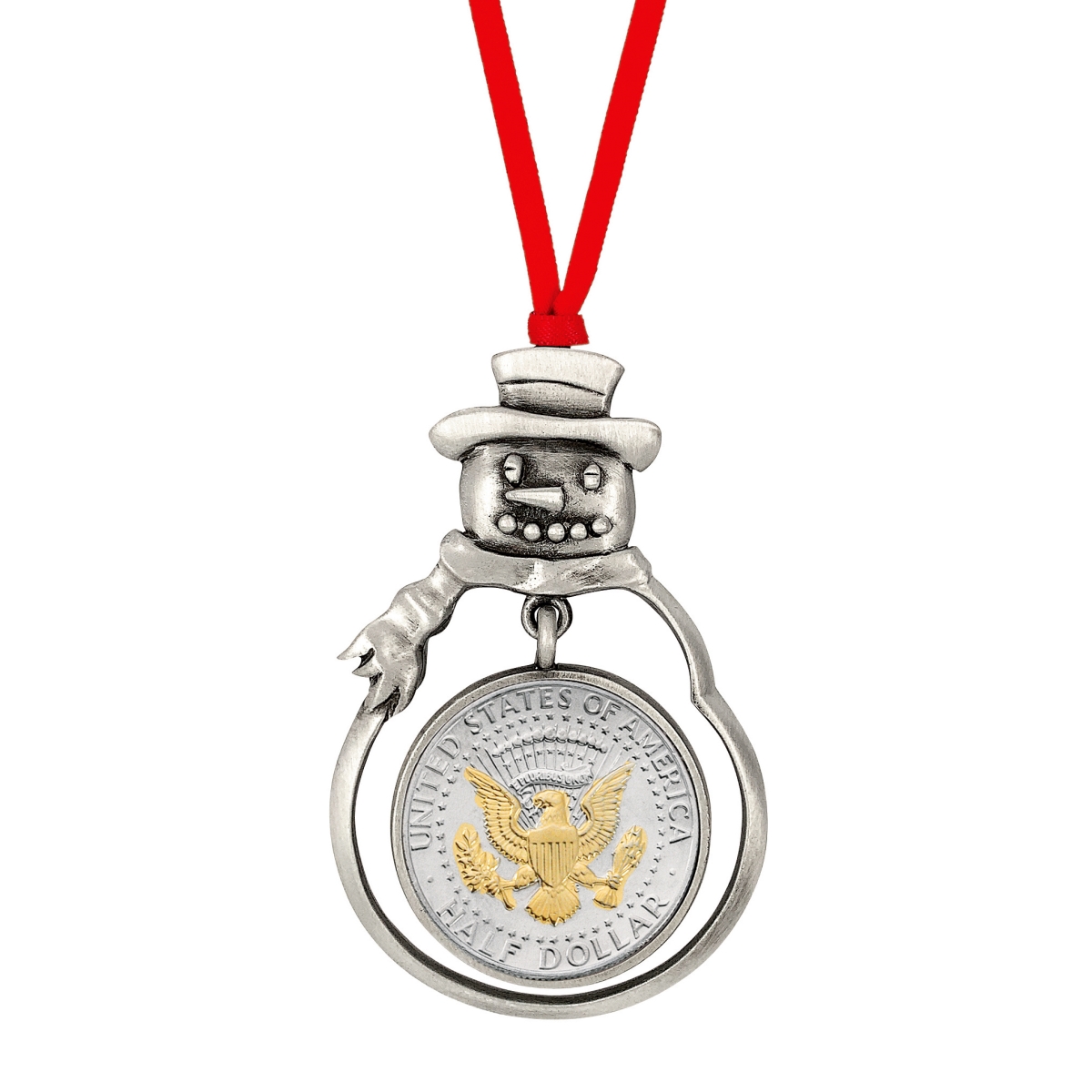 Picture of American Coin Treasures 16617 Presidential Seal 2 Tone JFK Half Dollar Snowman Ornament