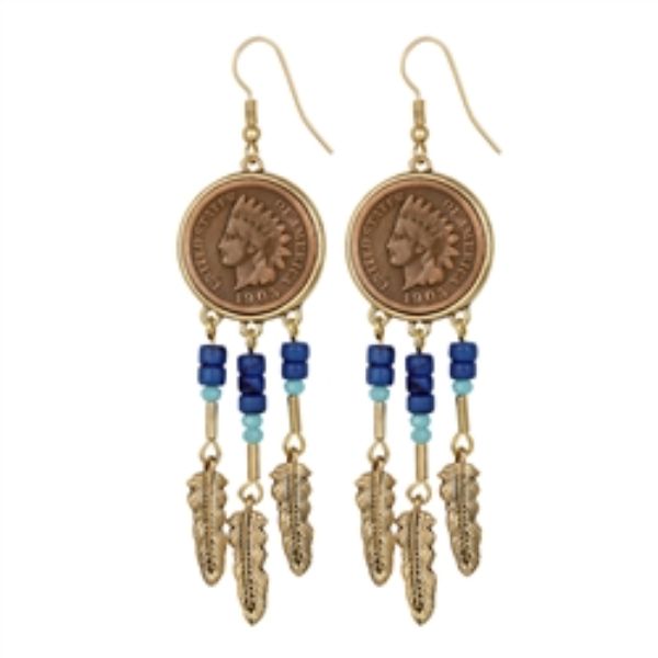 Picture of American Coin Treasures 16414 Indian Penny One Cent Coin Lapis Glass Beaded Feather Fish Hook Earrings
