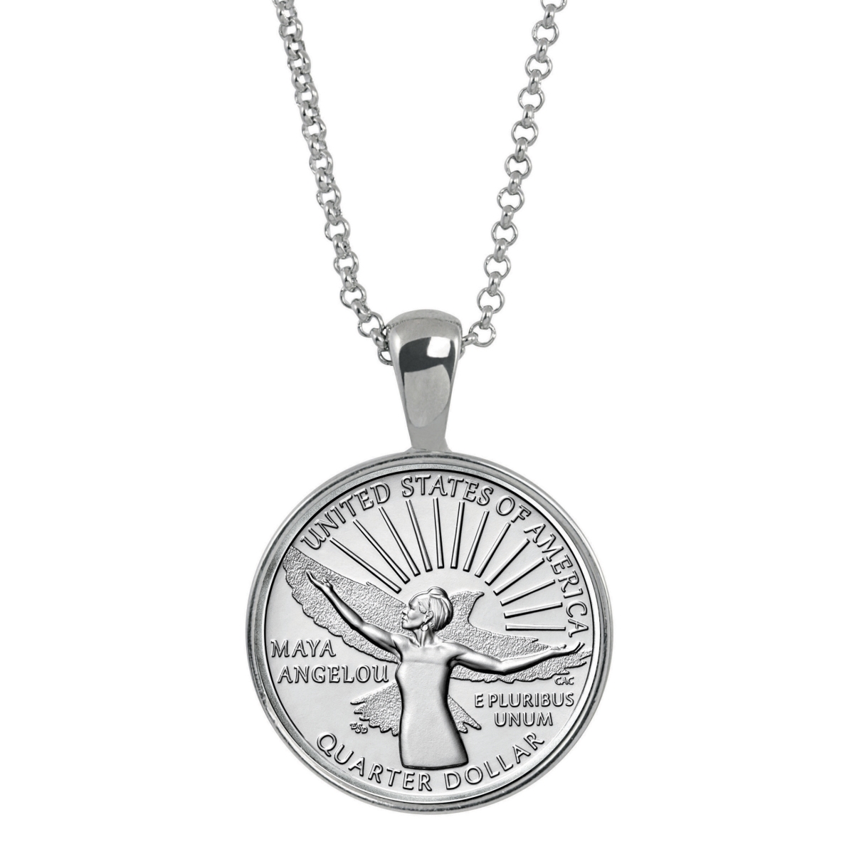 Picture of American Coin Treasures 16940 21 in. Maya Angelou Quarter Coin Silvertone Pendant, Silver