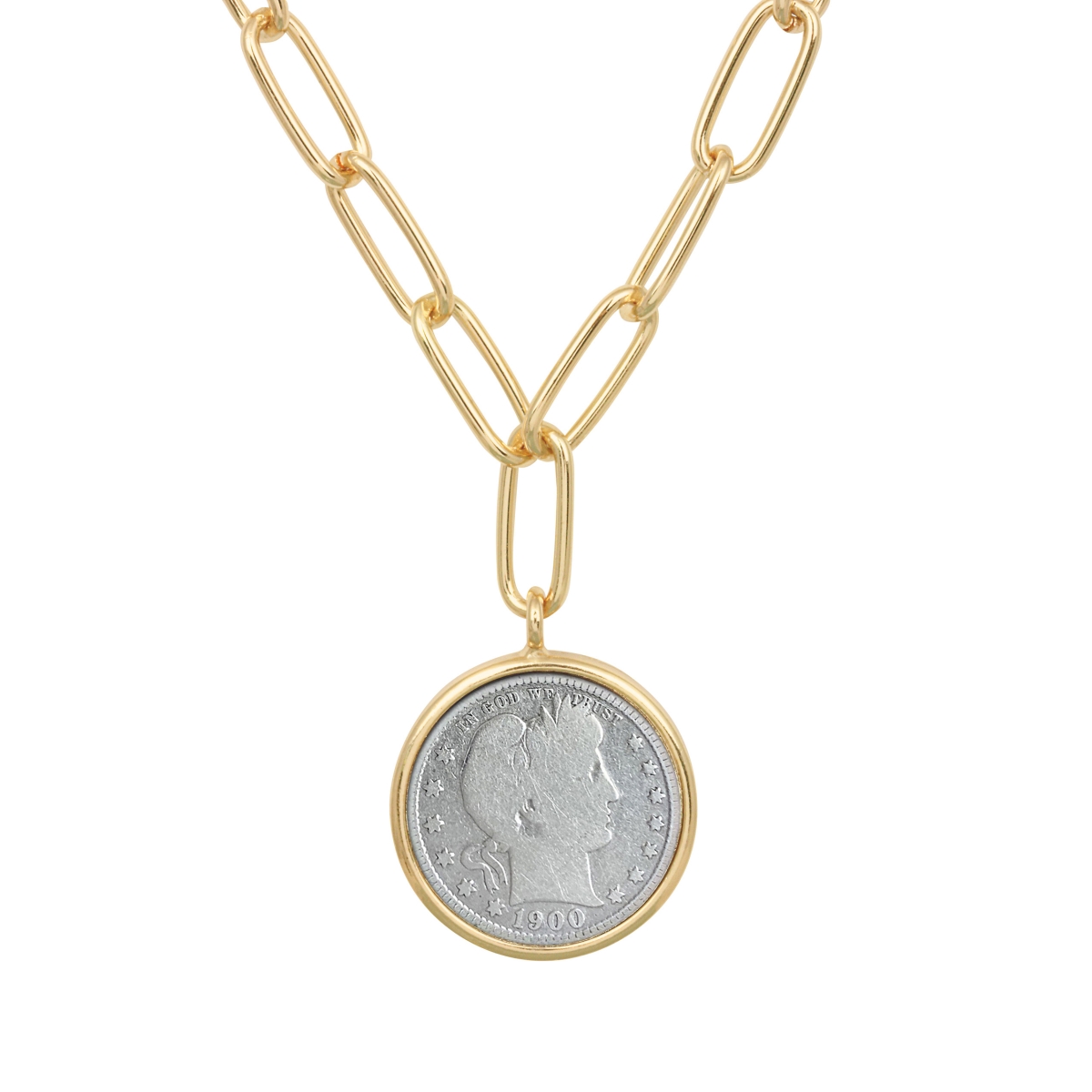 Picture of American Coin Treasures 17028 21 in. Barber Quarter Coin Goldtone Paper Clip Necklace