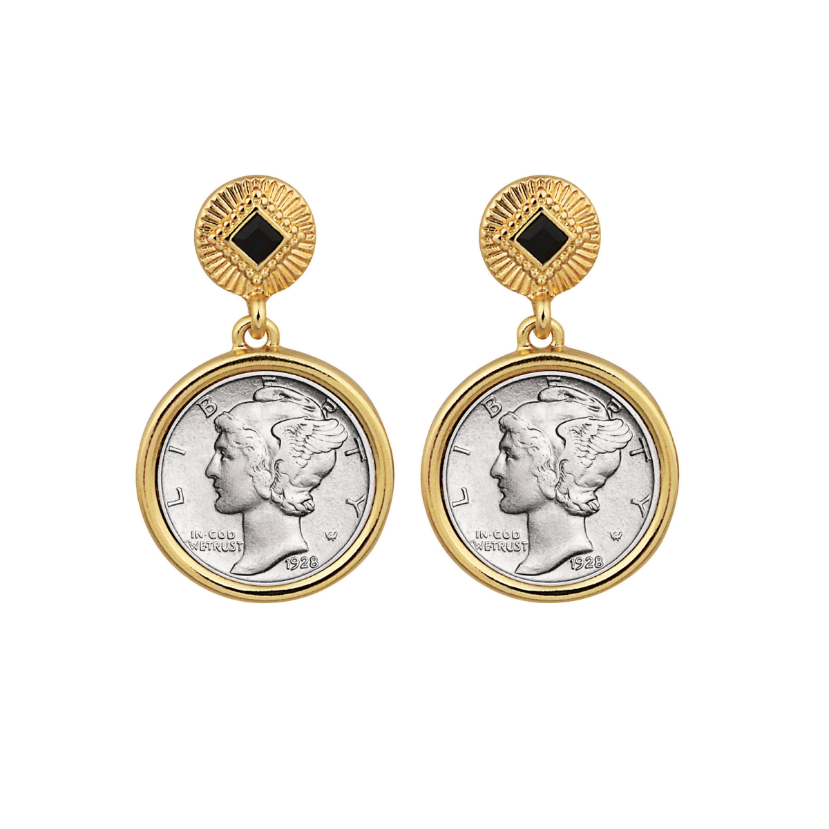 Picture of American Coin Treasures 17091 Mercury Dime Coin Goldtone Art Decor Earrings with Black Stone, Gold