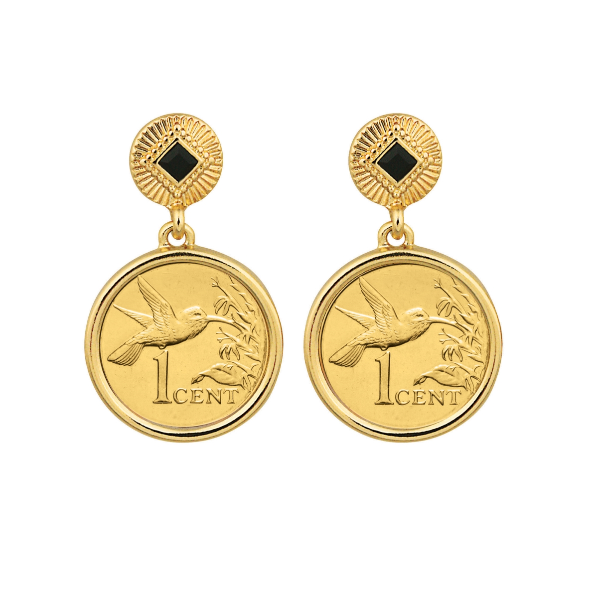 Picture of American Coin Treasures 17092 Gold Layered Hummingbird Coin Goldtone Art Decor Earrings with Black Stone, Gold