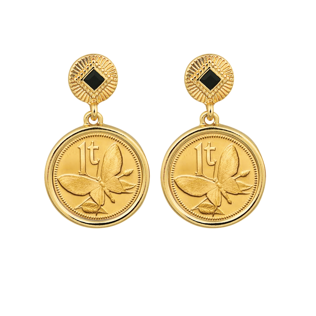 Picture of American Coin Treasures 17093 Gold Layered Butterfly Coin Goldtone Art Decor Earrings with Black Stone, Gold