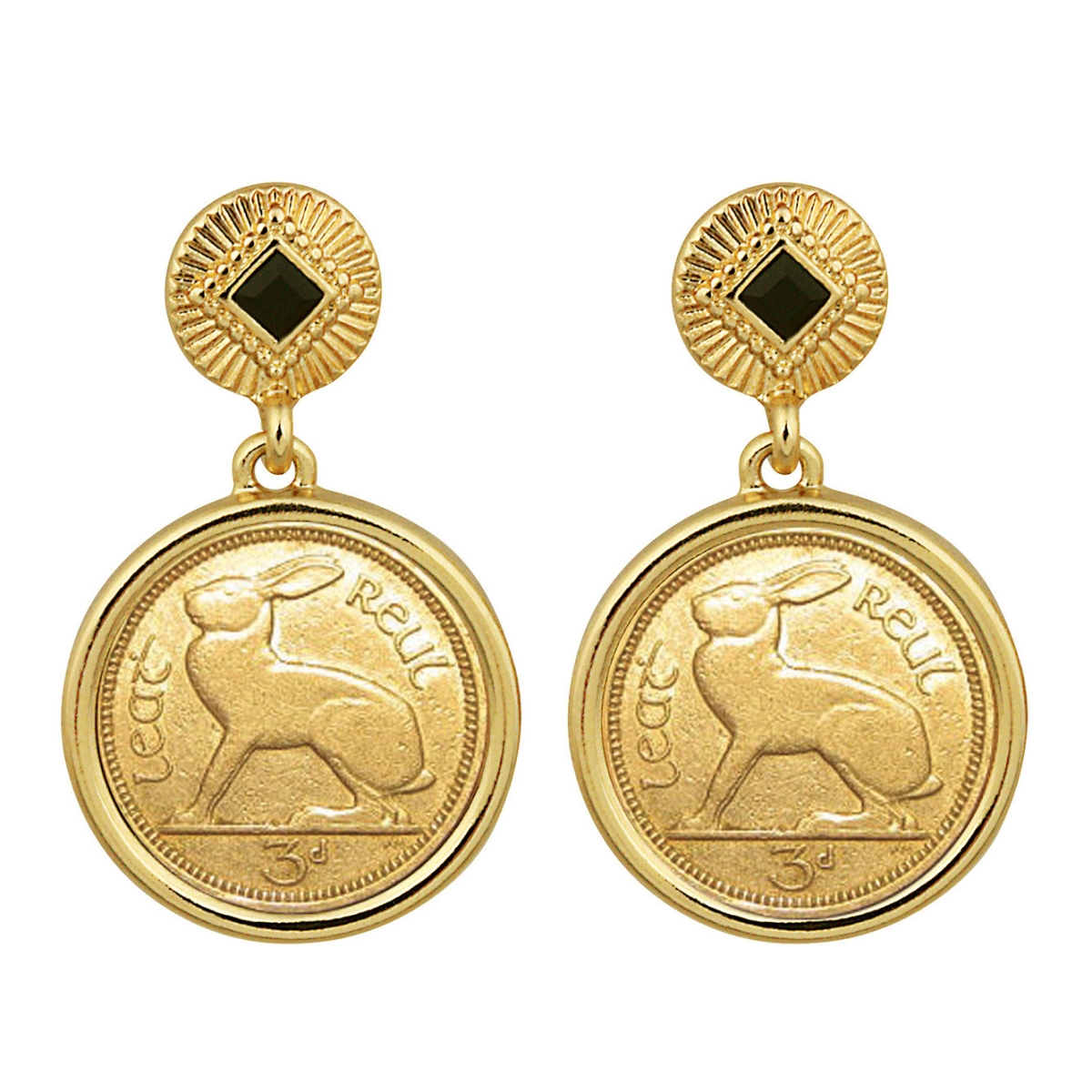 Picture of American Coin Treasures 17095 Gold Layered 3 Pence Coin Goldtone Art Decor Earrings with Black Stone, Gold