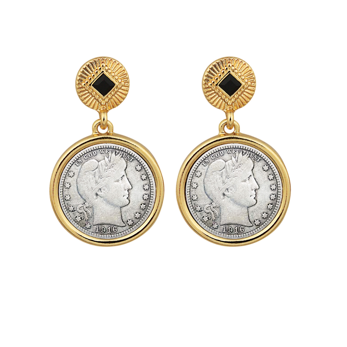 Picture of American Coin Treasures 17096 Barber Dime Coin Goldtone Art Decor Earrings with Black Stone, Gold