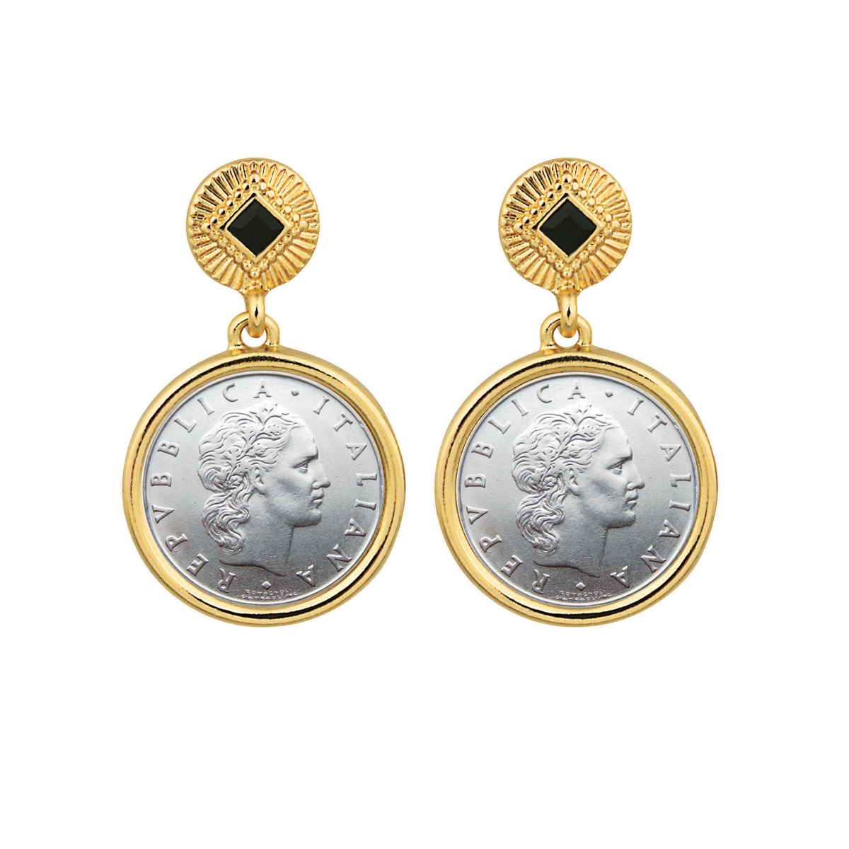 Picture of American Coin Treasures 17097 Italian 50 Lire Coin Goldtone Art Decor Earrings with Black Stone, Gold