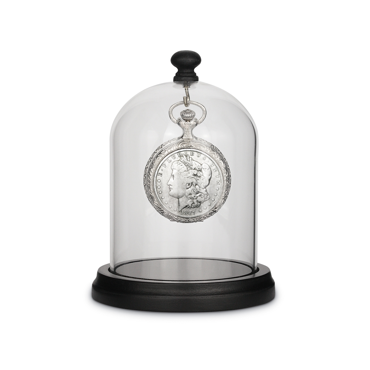 Picture of American Coin Treasures 17133 14 in. Glassed Dome with Pine Wood Base & 1800s Morgan Silver Dollar Coin Pocket Watch Tabletop Decor&#44; Silver