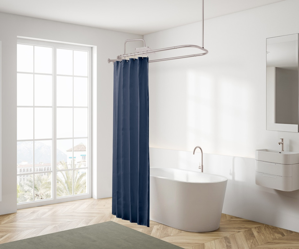 Rustproof Wall Mounted Aluminum Hoop Shower Rod With Ceiling Support for Clawfoot Tub, 54 Inch Extra Large Size by 26 Inch, Satin Nickel