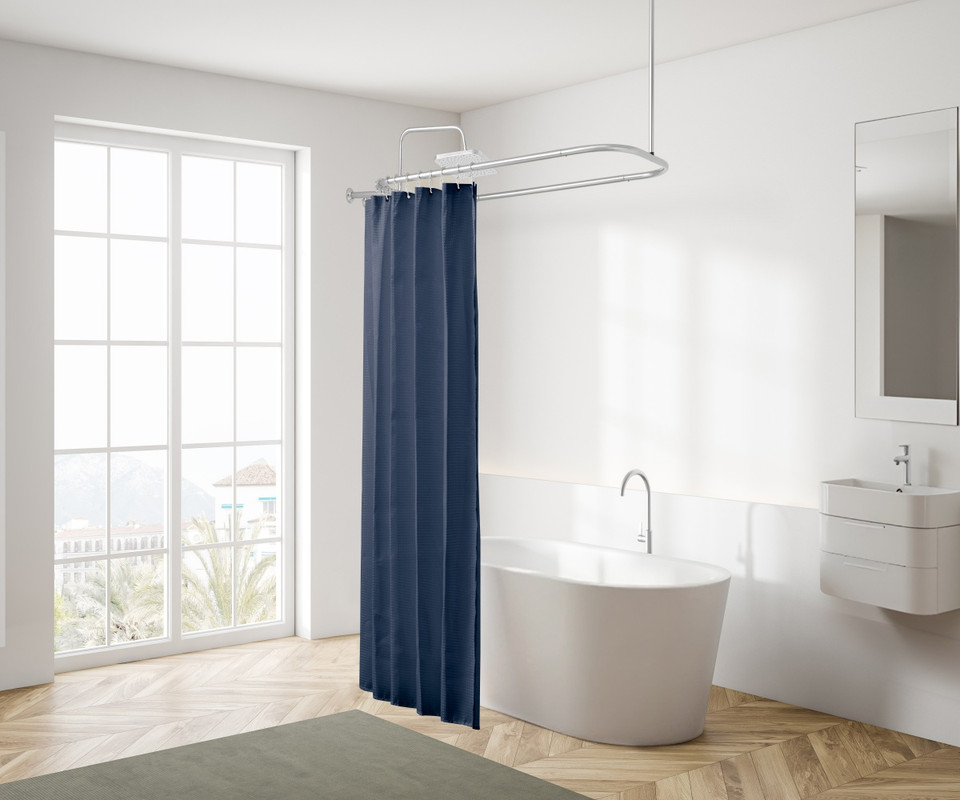 HP2SS Rustproof Wall Mounted Aluminum Hoop Shower Rod With Ceiling Support for Clawfoot Tub, 54 Inch Extra Large Size by 26 Inch, Chrome