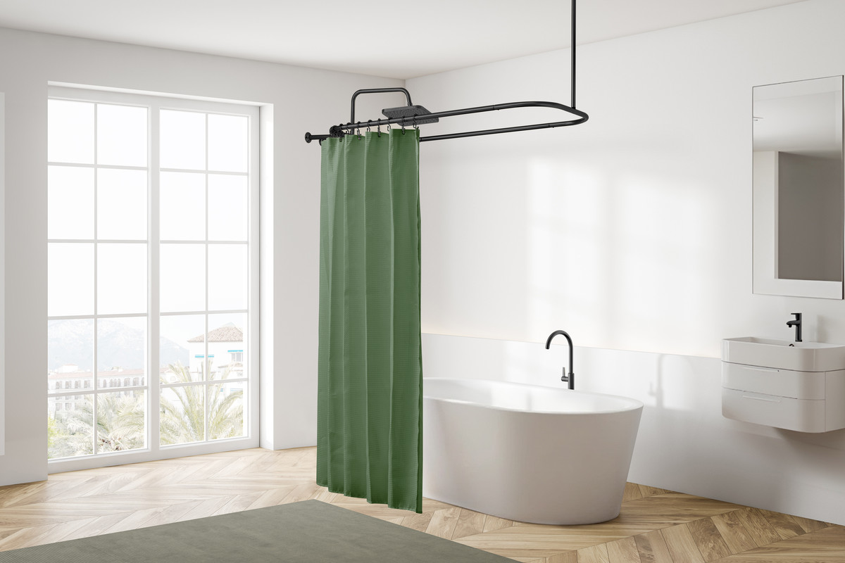 HP2BK Rustproof Wall Mounted Aluminum Hoop Shower Rod With Ceiling Support for Clawfoot Tub, 54 Inch Extra Large Size by 26 Inch, Black