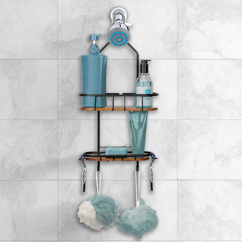 2 Teak Shelves Aluminum Rustproof Over the Shower Caddy, Matte Black