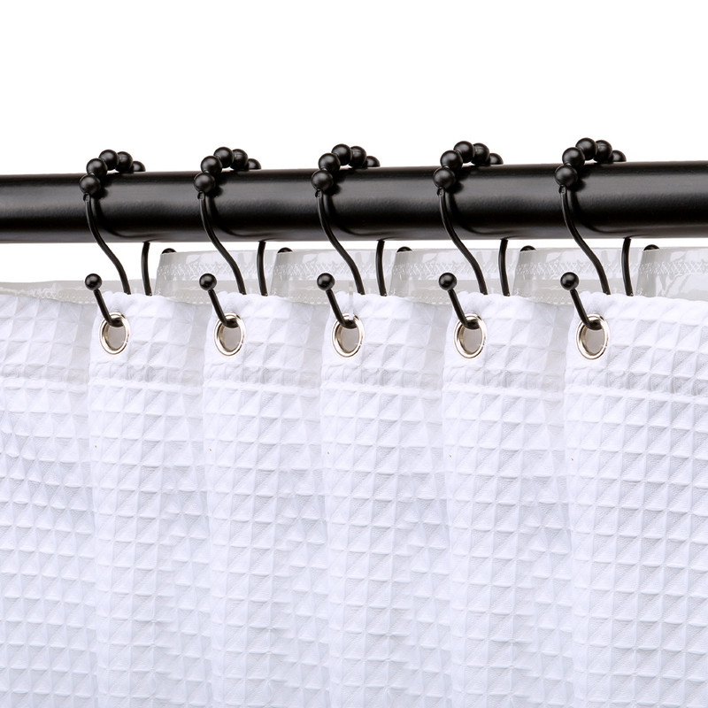 Shower Hooks - Double Shower Curtain Rings for Bathroom - Rust Proof Shower Curtain Hooks for Shower Curtain or Liner  - Set of 12, Matte Black