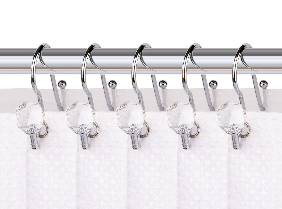 Polished Chrome Rustproof Zinc Double Shower Curtain Shower Hooks for Bathroom, Crystal Design - Set of 12