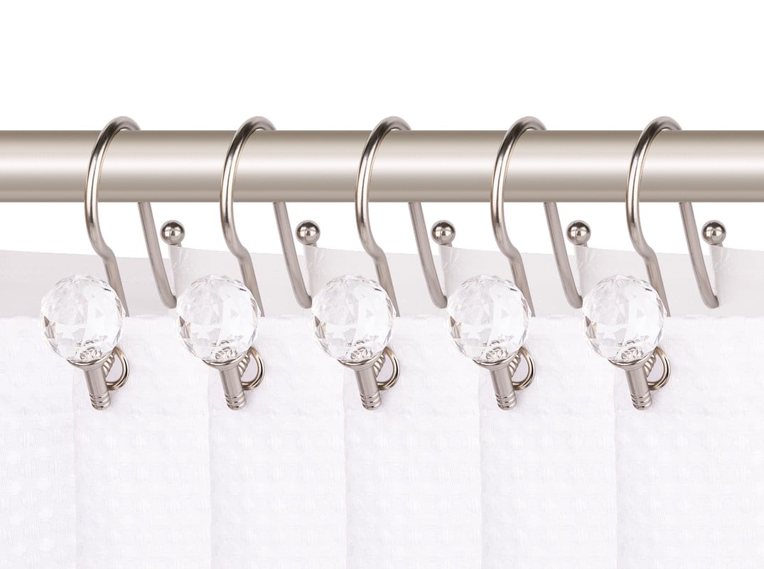 Brushed Nickel Rustproof Zinc Double Shower Curtain Shower Hooks for Bathroom, Crystal Design - Set of 12