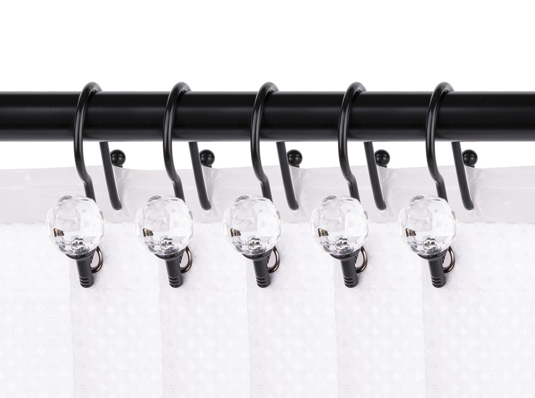 Matt Black Rustproof Zinc Double Shower Curtain Shower Hooks for Bathroom, Crystal Design - Set of 12