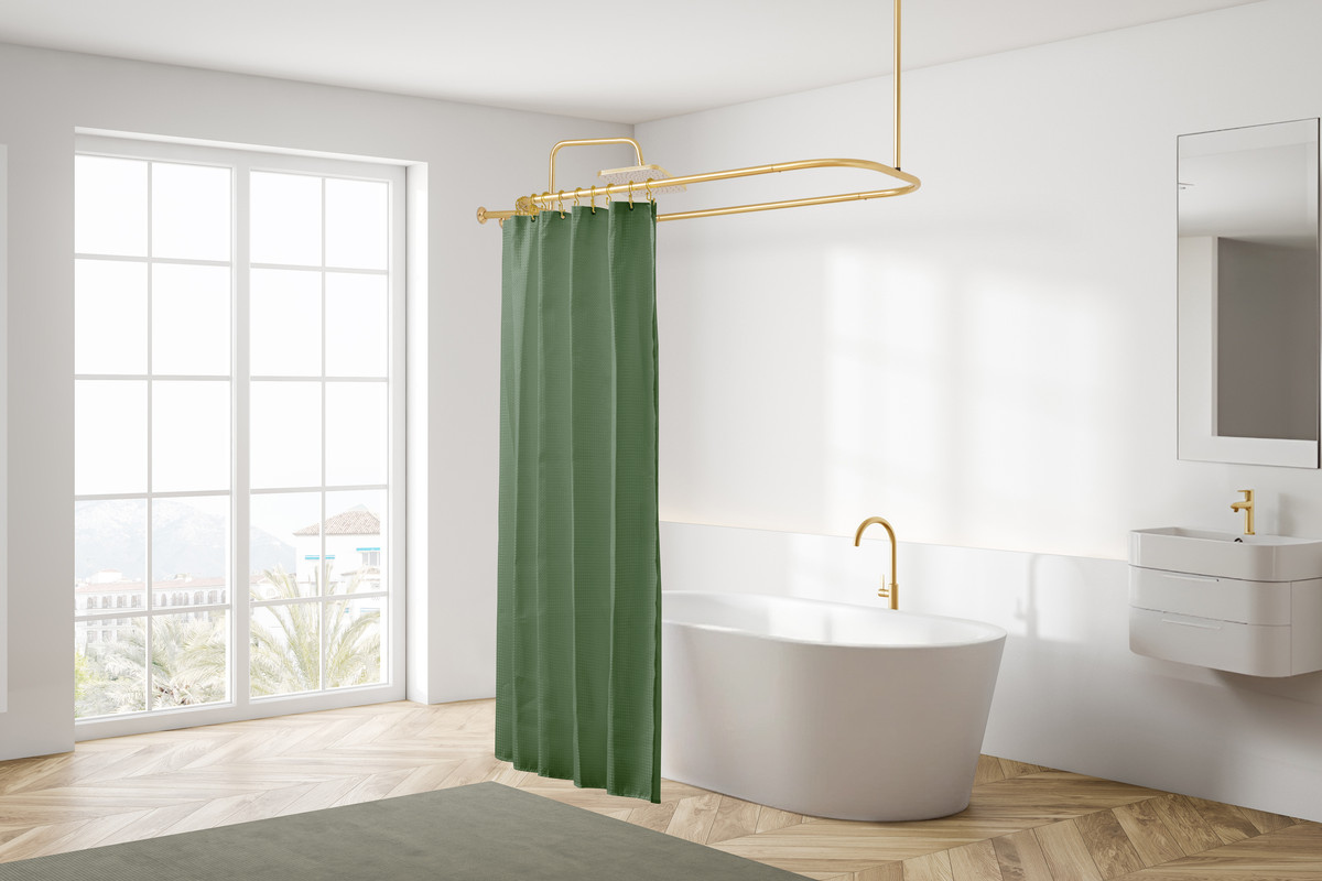 HP1GD Rustproof Wall Mounted Aluminum Hoop Shower Rod With Ceiling Support for Clawfoot Tub, 46 Inch Size by 22 Inch, Gold