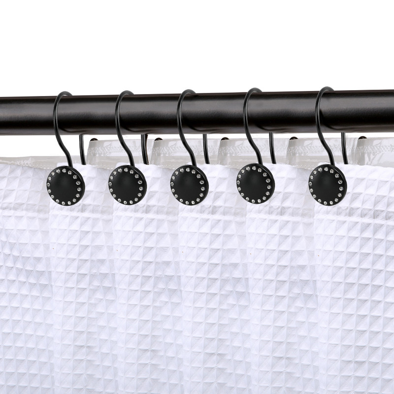 Rust Resistant Double Shower Curtain Hooks Ring for Bathroom, Matt Black - Set of 12