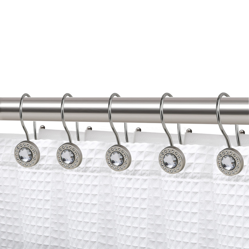 Crystal Design Rust Resistant Double Shower Curtain Hooks Ring for Bathroom, Brushed Nickel - Set of 12