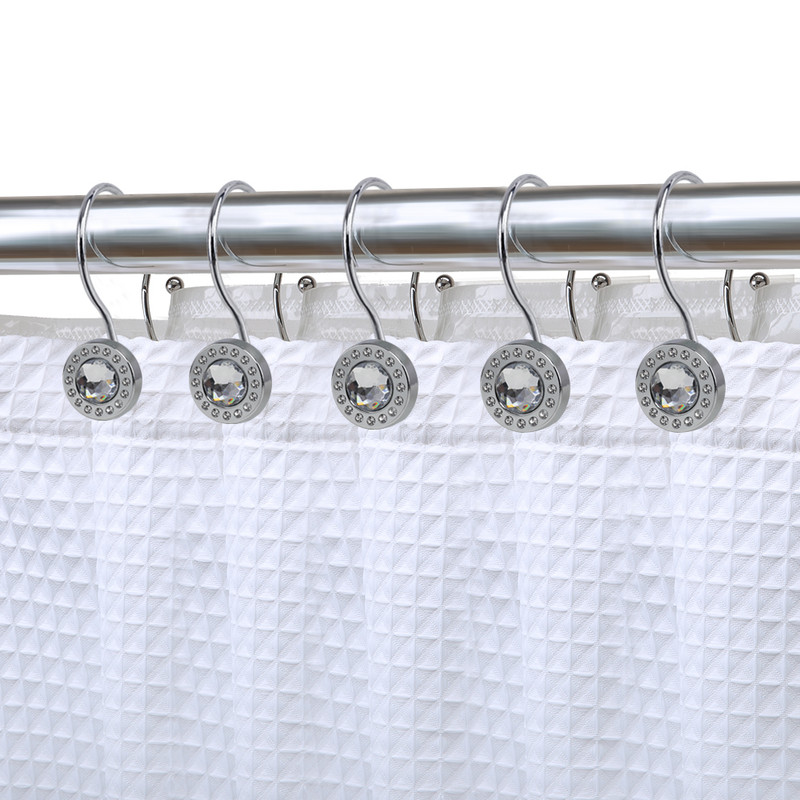 Rust Resistant Double Shower Curtain Hooks for Bathroom, Chrome - Crystal Design - Set of 12