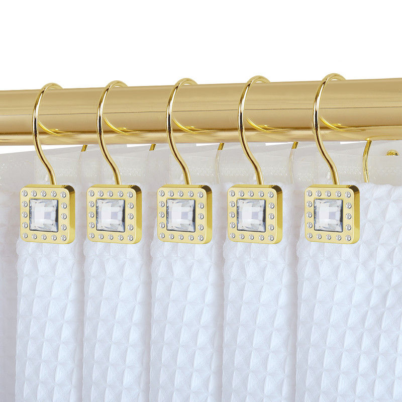 Utopia Alley Rust-Resistant Metal Double Shower Curtain Hooks with Large Center Crystal for Bathroom - Set of 12 - Gold