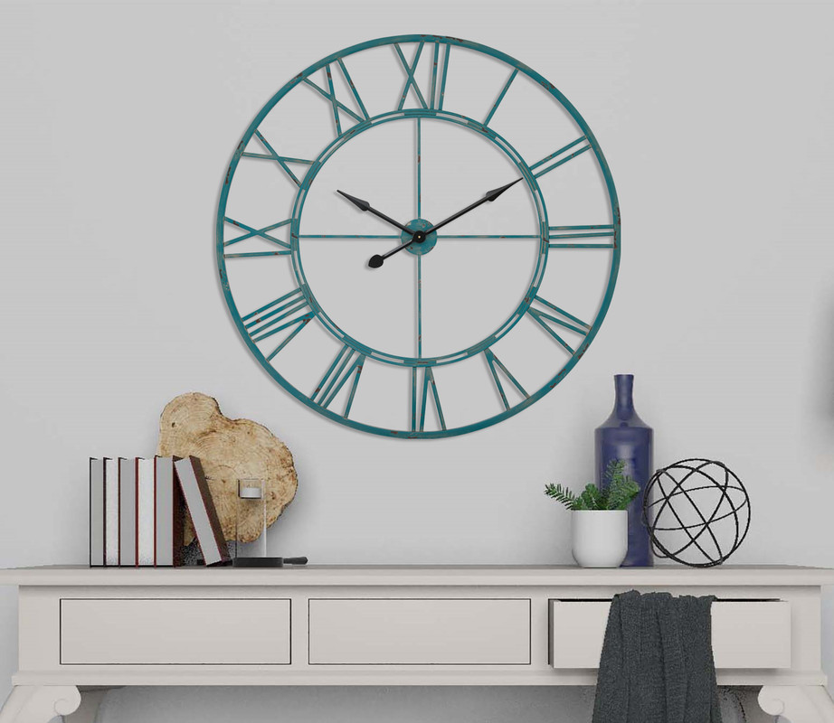 43.5 in. Oversized Roman Round Wall Clock, Distressed Sea Green