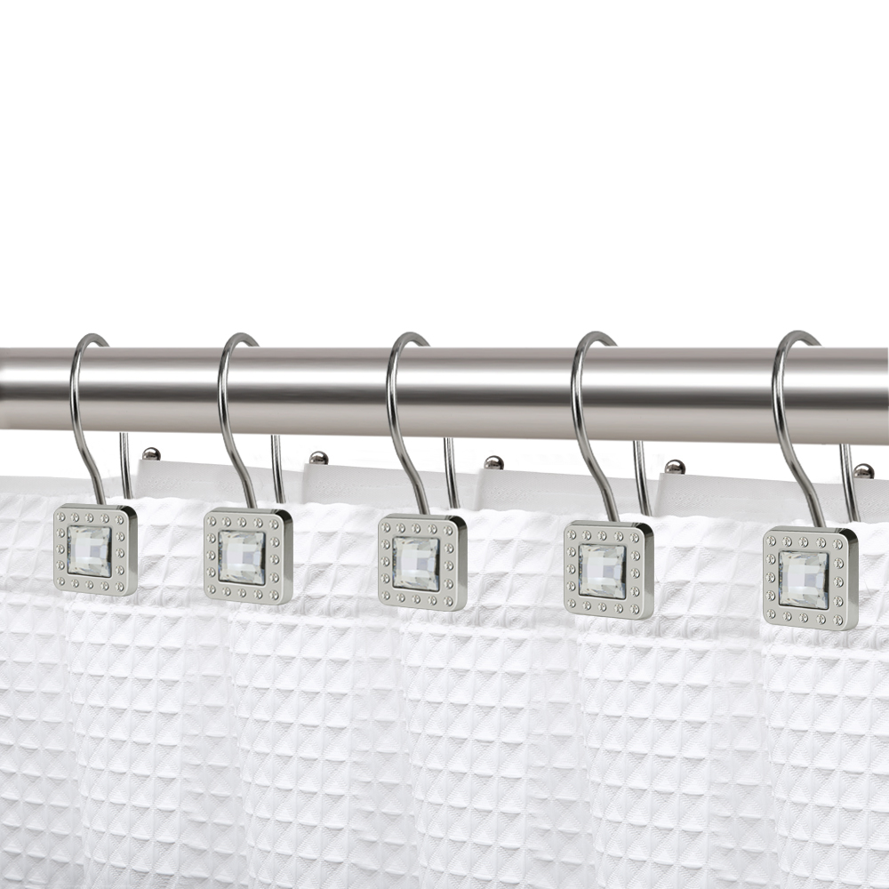 3.22 x 2.65 in. Crystal Design Double Shower Curtain Hooks for Bathroom, Rust Resistant Shower Curtain Hooks Rings, Brushed Nickel - Set of 12