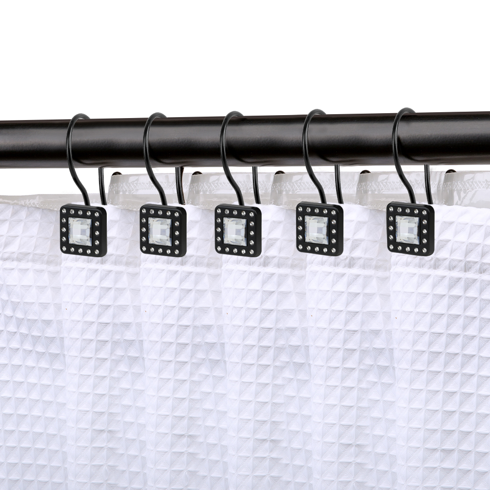 3.22 x 2.65 in. Crystal Design Double Shower Curtain Hooks for Bathroom, Rust Resistant Shower Curtain Hooks Rings, Matt Black - Set of 12
