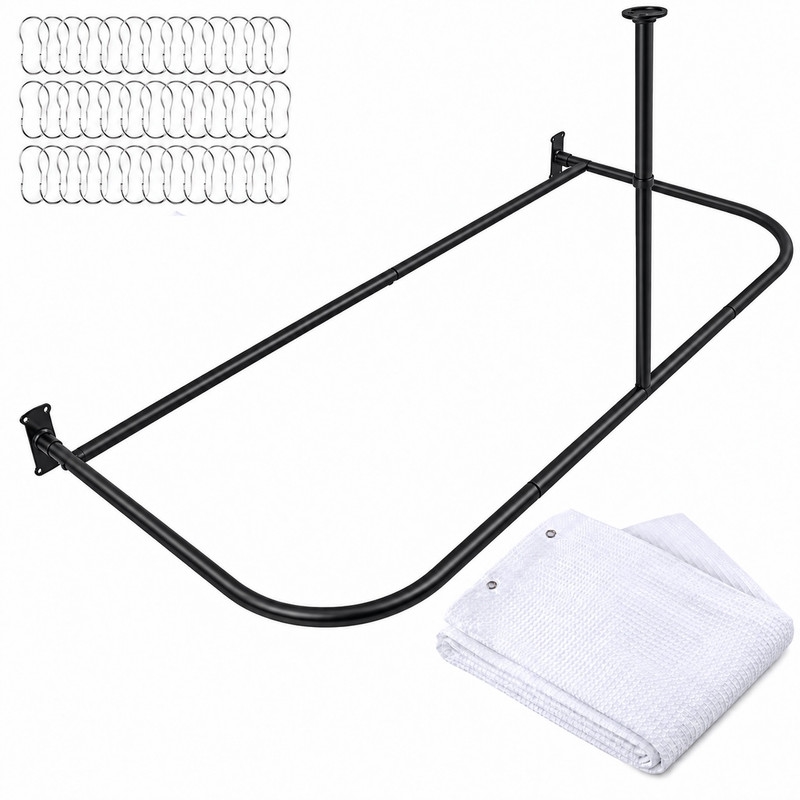 60 x 25 in. Rustproof Aluminum D-Shape Shower Curtain Rod with Ceiling Support for Freestanding Tubs, Matte Black & White