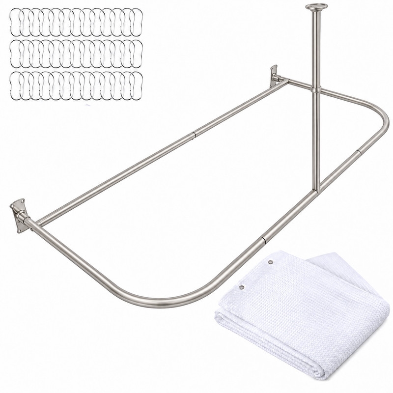 60 x 25 in. Rustproof Aluminum D-Shape Shower Curtain Rod with Ceiling Support for Freestanding Tubs, Brushed Nickel & White