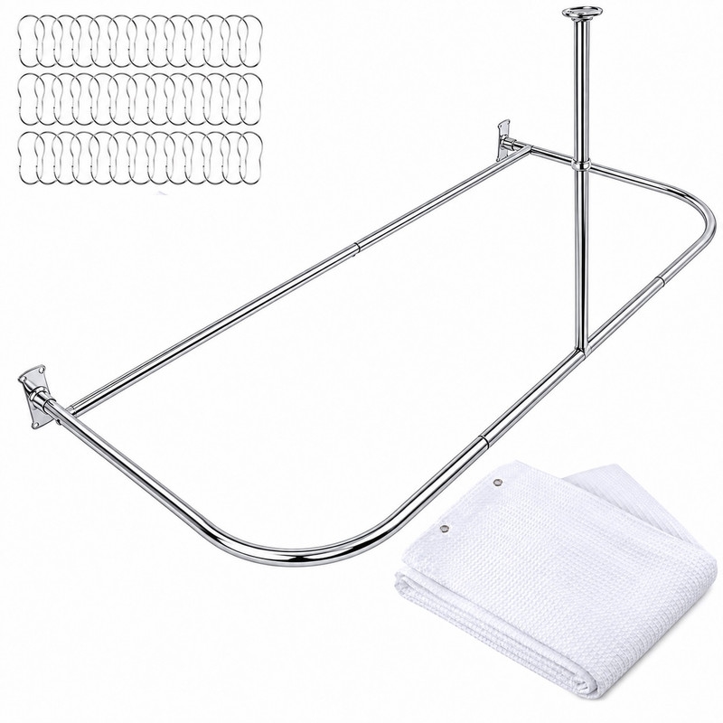 60 x 25 in. Rustproof Aluminum D-Shape Shower Curtain Rod with Ceiling Support for Freestanding Tubs, Polished Chrome & White