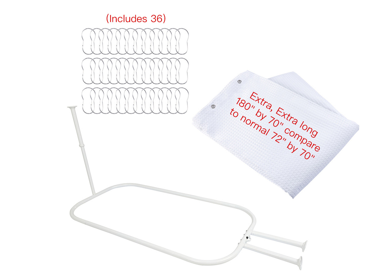 46 x 22 in. Rustproof Aluminum Hoop Oval Shower Rod with Ceiling Support for Clawfoot Tub, White & White